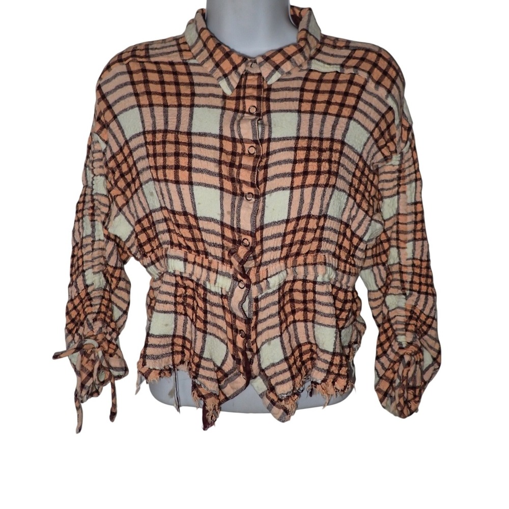We The Free Women's Plaid Flannel Snap Button Down Crop Top Large Distressed